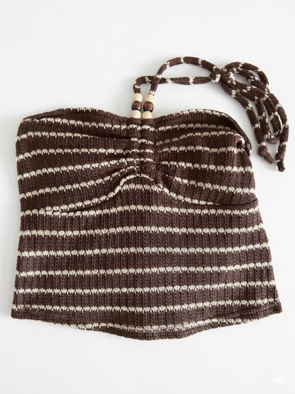 Chocolate Brown and Cream Striped Knit Tube Top with Bead Tie
